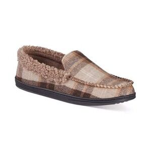 Isotoner Moccasin Slippers Mens Plaid Gel Memory Foam Dark Chocolate L 9.5-10.5